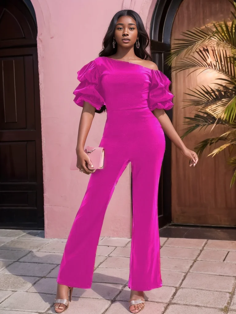 

Fuchsia Jumpsuits Cold Shoulder Puff Short Sleeves Empire Bodycon Wide Leg Overalls Evening Party One Piece Outfit for Women