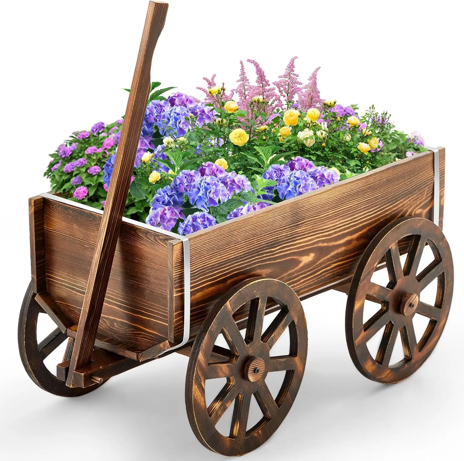 

Wooden Wagon Planter Box Garden Planter with Wagon Wheels Flower Cart for Balcony Decorative Patio Flowers Herbs Vegetables for