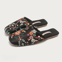 Elegant Satin Embroidered Flower House Slippers Woman Autumn New Warm Cotton Slippers Casual Comfort Soft Sole Silk Flat Slipper
