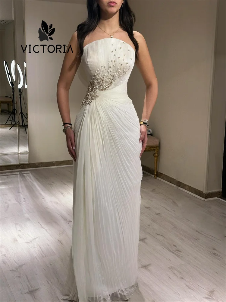 

Elegant Whit Bead Luxury Prom Dresses for Women Peplum Flower Pleat Crystals Strapless Sleeveless Vestidos De Fiesta Customized