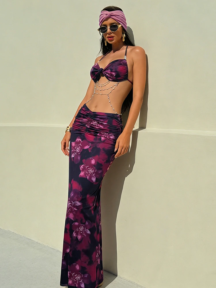 Sisterlinda Tie-Dye Maxikleid Sexy Heißes Neckholder-Bandage-Kleid Taillenfrei mit Perlenbesatz Plissiertes Langes Kleid Atemberaubende Festival-Robe für Damen