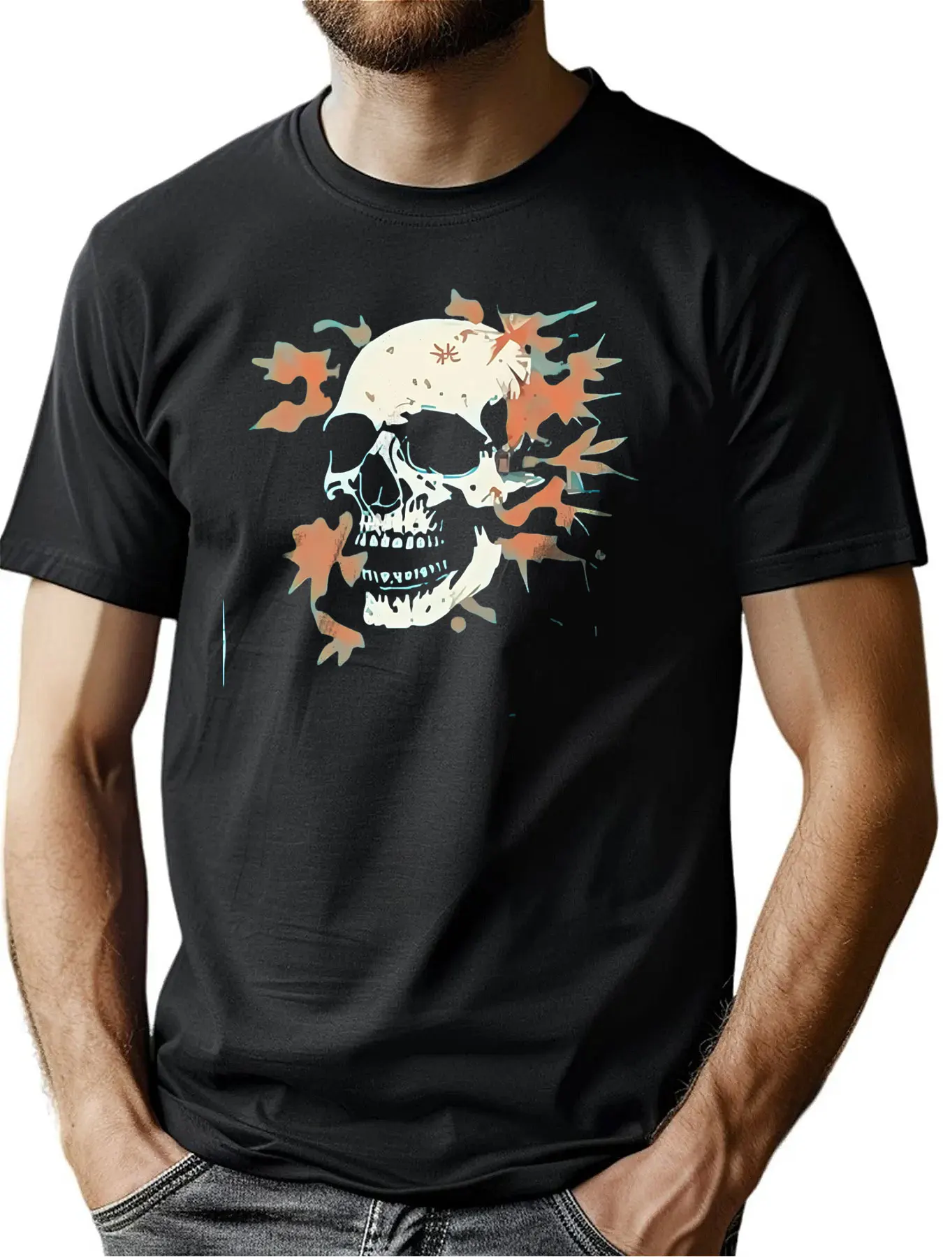 

Soft Cotton Men's Crew Neck Tee With Skull Maple Leaf Print Halloween Gift Outdoor Sports Casual Machine Washable For Men