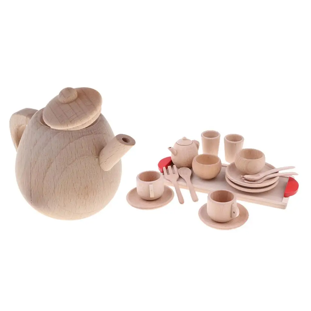 

Fun Wooden Cup Teapot Tableware Playset Kids Children Pretend