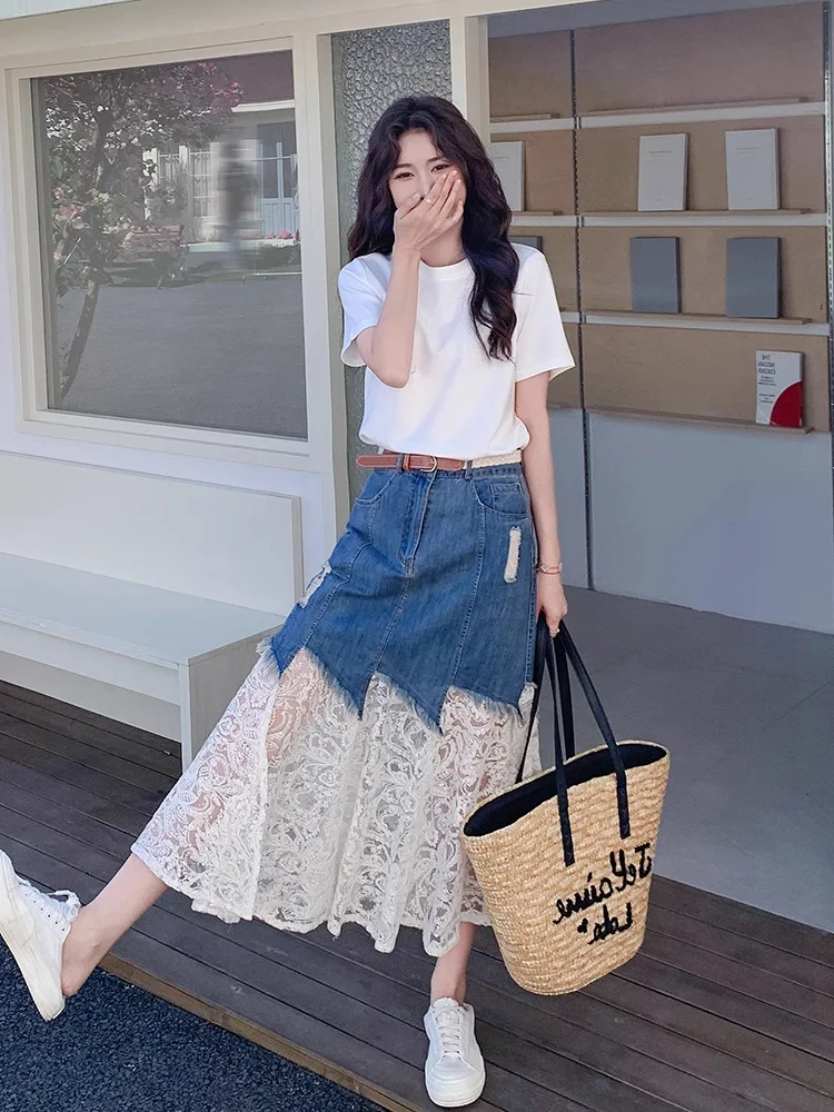 

Elegant Short Sleeve Lace Splicing Denim Skirt Set Women's Fashionable Summer New Arrival Two-Piece Suit round Neck Polyester