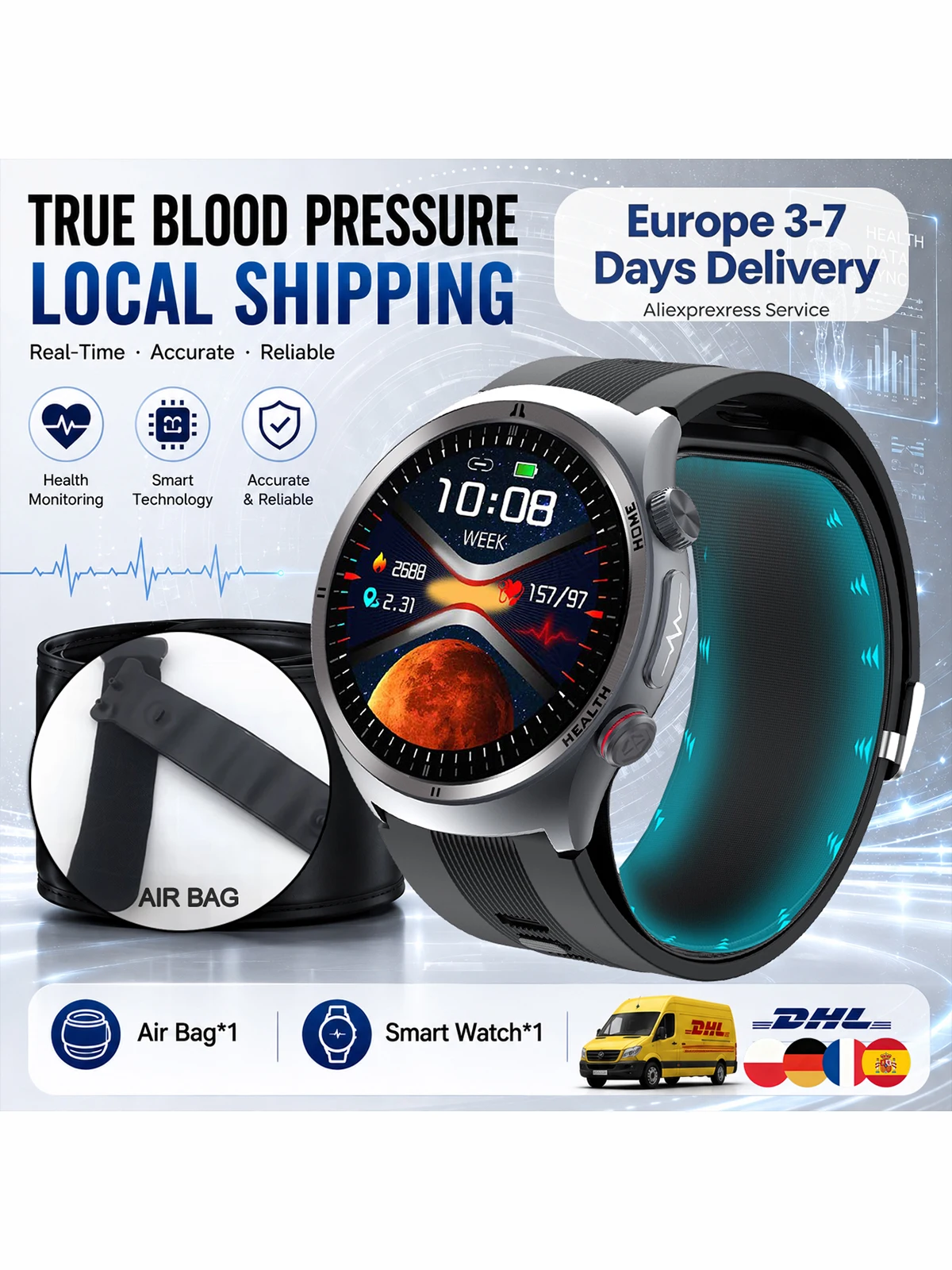 Lokaler Versand 2026 Airbag Smartwatch Luftpumpe Gesundheitsuhr für Männer Echte Präzise Blutdruckmessung Uhr Harnsäure Blutfette Wasserdichte Elektronische Uhr Herren EKG PPG