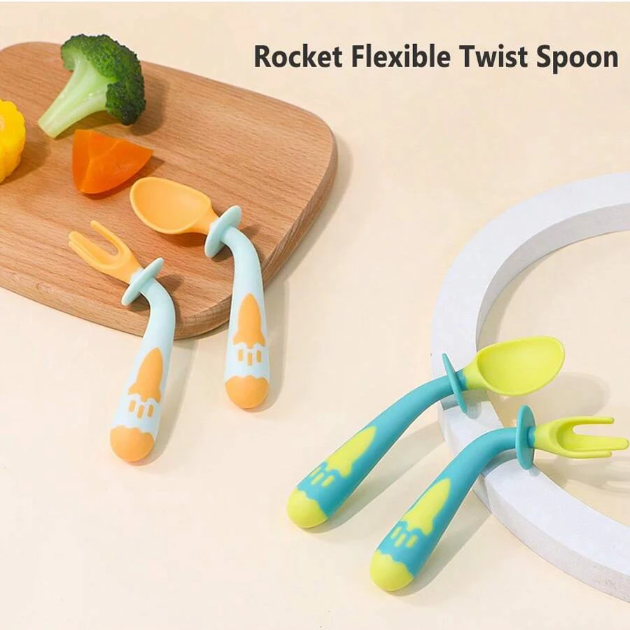 

2 Pcs Rocket Pattern Toddler Fork and Spoon Set, Portable Baby Feeding Utensils, Learning to Eat Silverware