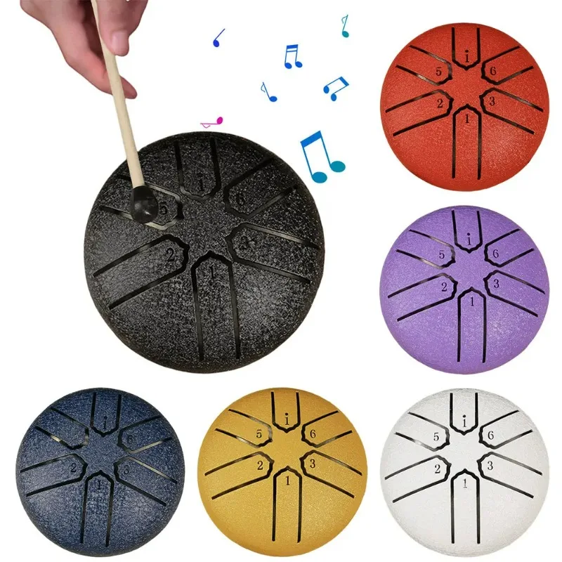 

3 Inches 6 Tones Steel Tongue Drum Outdoors Rain Drums Instrument Mini Hand Drum Ethereal Drum Sticks Percussion