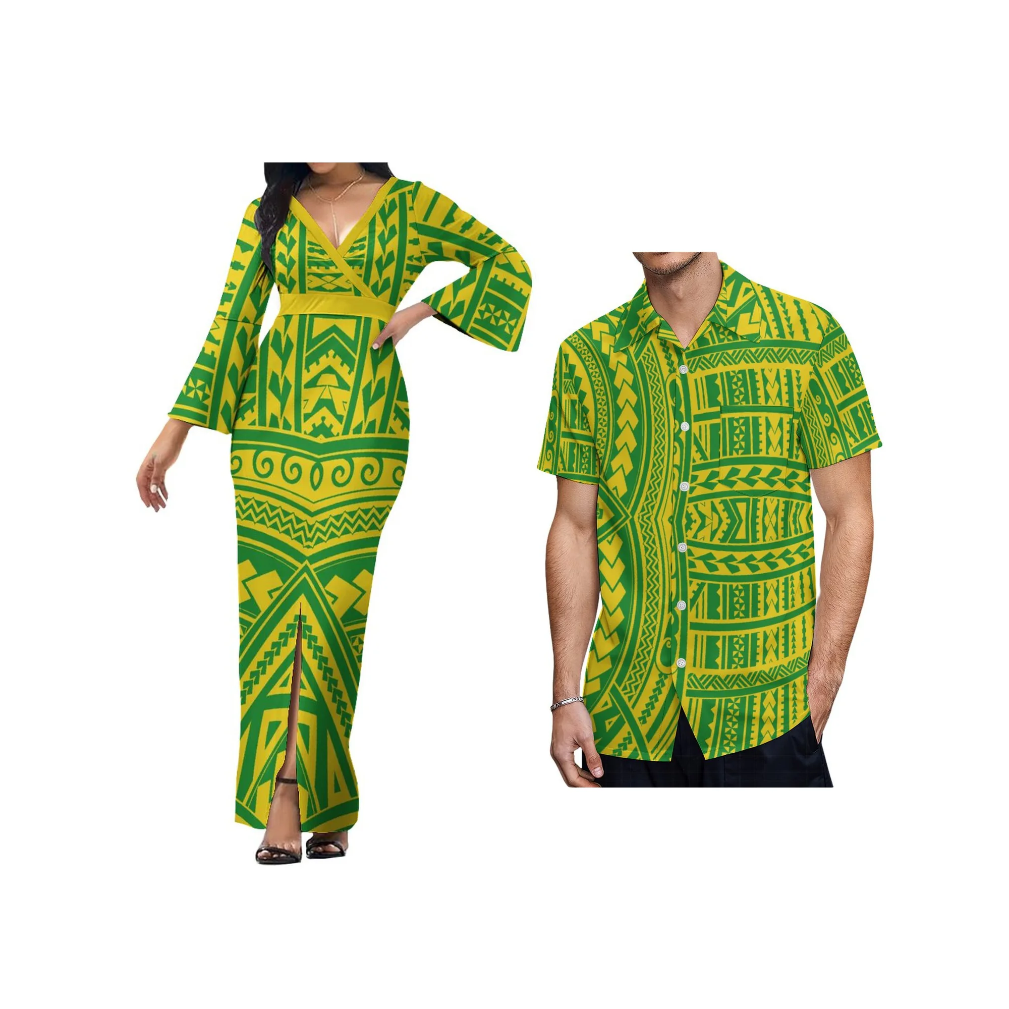 Großhandel benutzer definierte weiße Sonnen tag Kirche Uniform polynes ischen Tonga Tribal Design V-Ausschnitt Glocken ärmel Damen Kleid passende Herren hemden