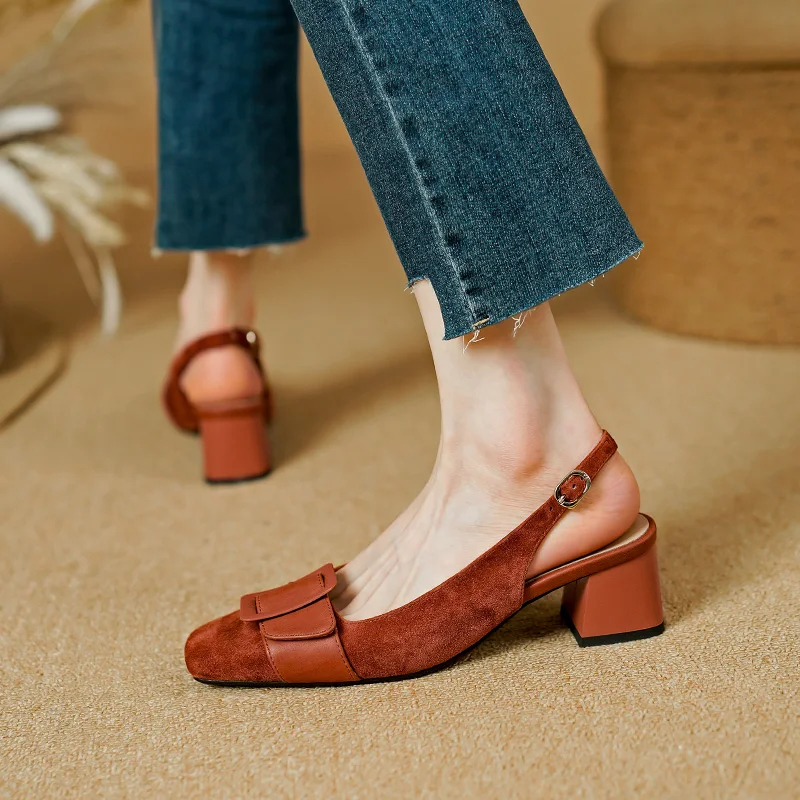 2023 Retro Buckle Genuine Leather Sheep Suede Women Sandals Spring Summer High Heel Mature Dress Office Lady Pumps Shoes Woman