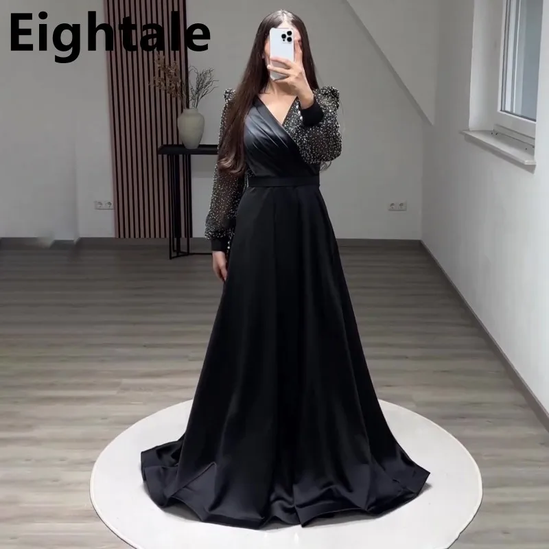 فستان سهرة Eightale مخصص 2023 أسود على شكل حرف A وأكمام طويلة ورقبة على شكل V ترتر سباركلي مقاس كبير فستان رسمي للحفلات الراقصة في دبي