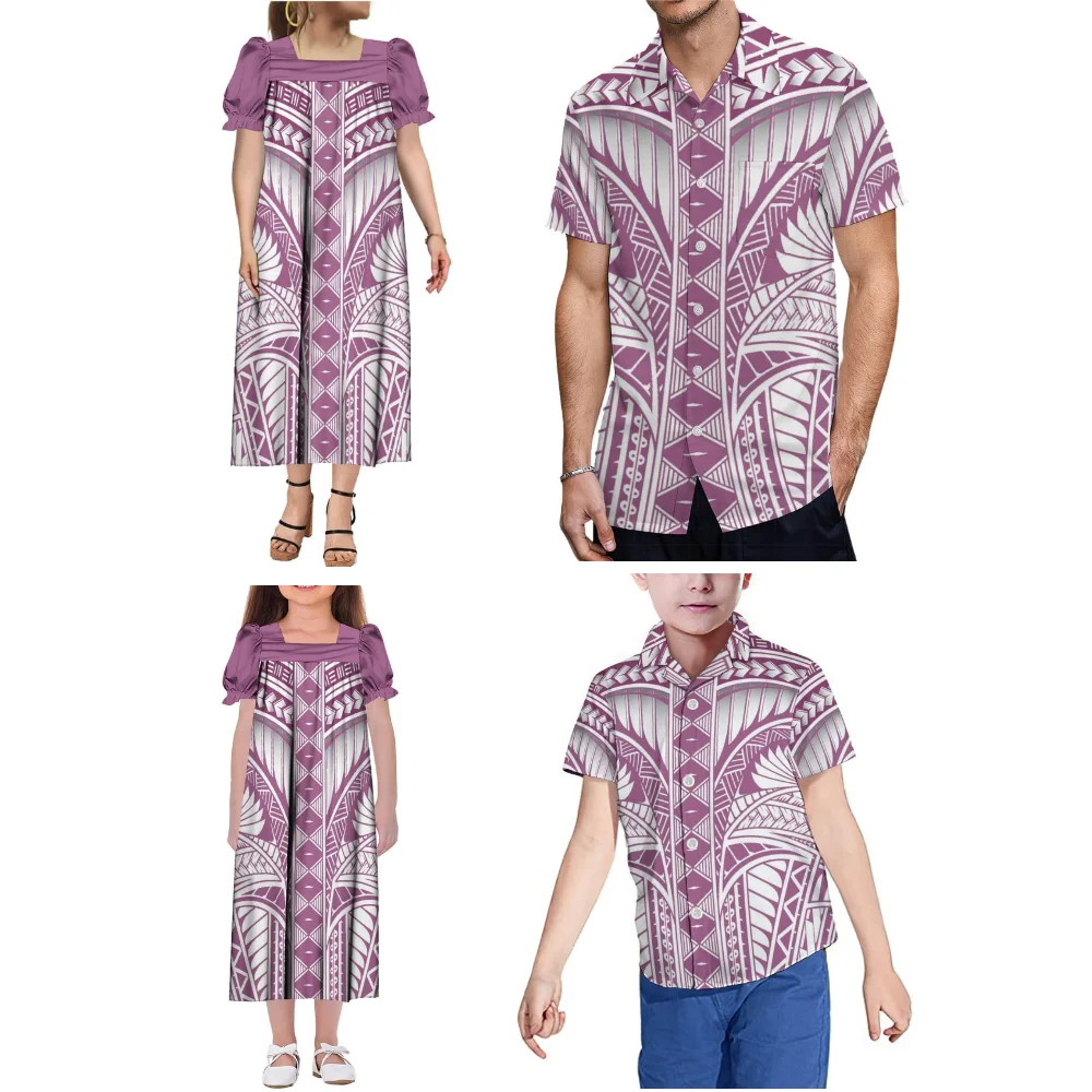 Polynesian Tribe's nieuw ontworpen bedrukte Mumu moeder-dochter jurk met pofmouwen en vader-zoon casual shirt top