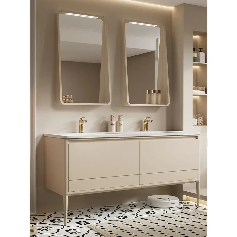 French Cream Style Double Basin Corian Integrated Sink Floor Standing Bathroom Vanity Cabinet with Toilet Washbasin Combo
