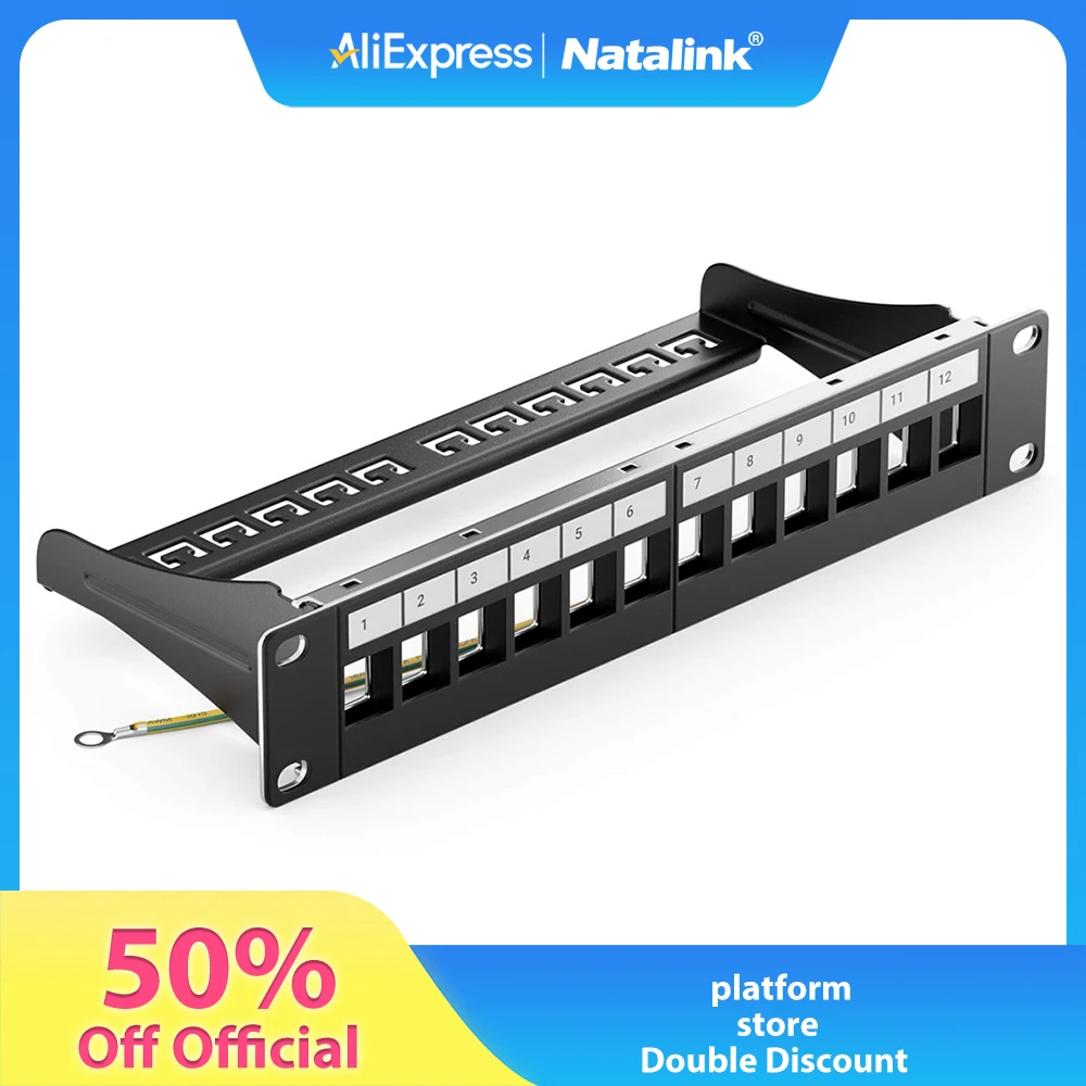

Natalink 1U Rack Mount Patch Panel 12-port Shielded Machine Room Type Panel with Rear Cable Management Rack for Cat7/Cat6A Cable