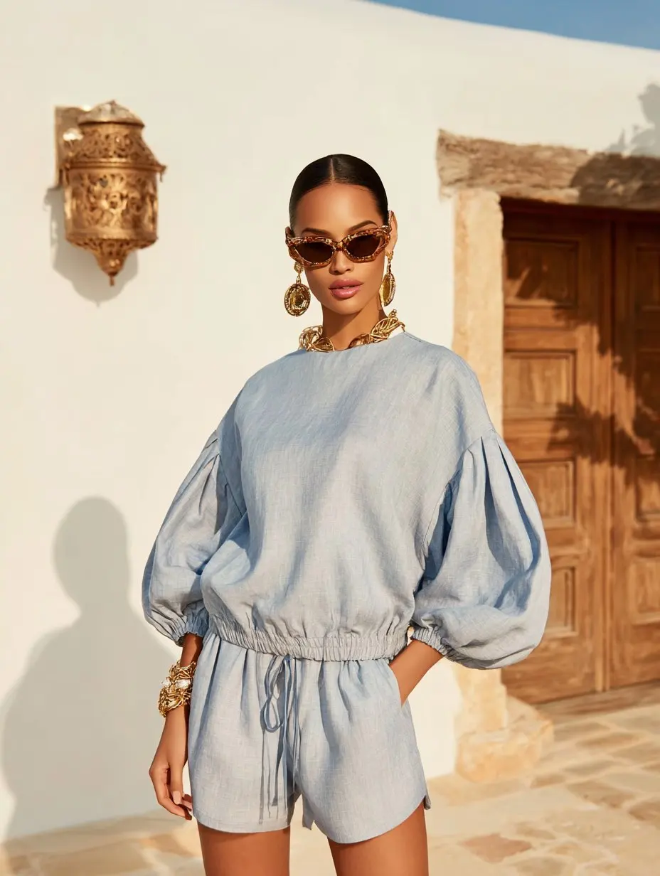 

Mia Muse Select Autumn Sets 2025 Women's Plain Long Lantern Sleeve Crew Neck Blouses Lace-Up Shorts Daily Basic Sets