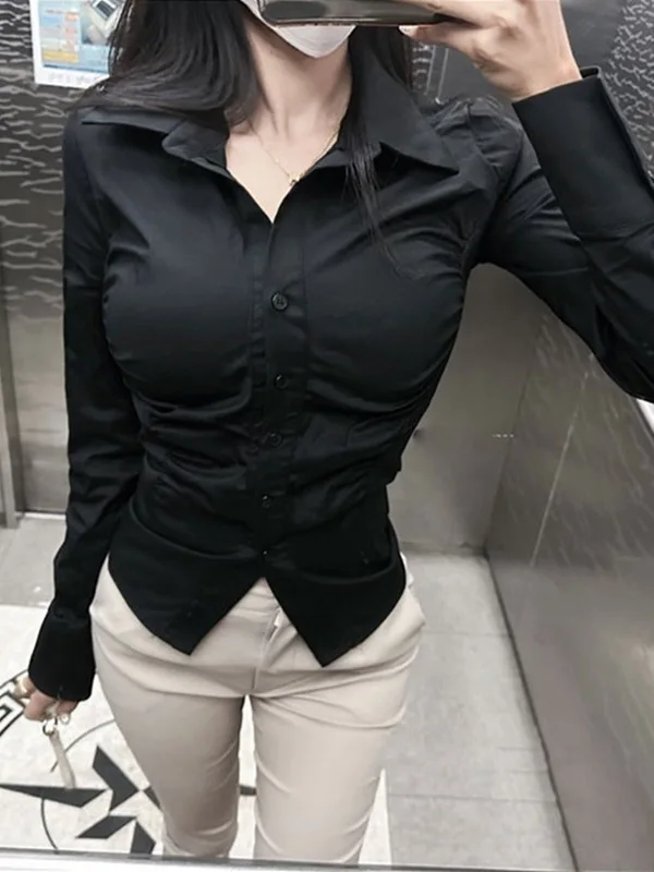 Spring/autumn Korean 2024 Version New Lapel Single Breasted Long Sleeve Shirt Women Cinching Waist Solid Slim Short Top DRCO