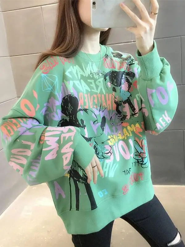 

Korean Style Fleece Lined Thickened Pure Cotton Hoodie Women's New 2024 Autumn Winter Loose Graffiti Oversize Hooded Top