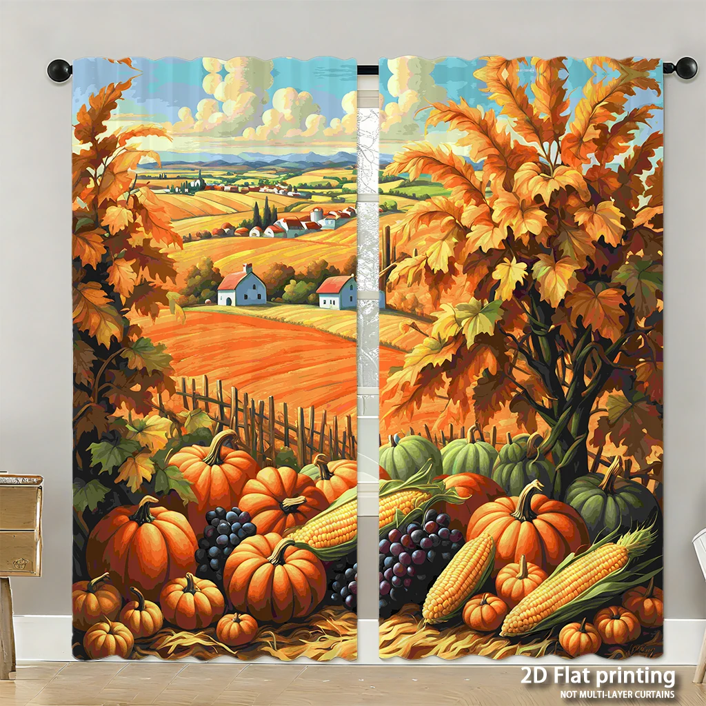 

2-piece set of high-definition digital printed curtainsautumn landscape pumpkins corn grapes colorful rural sceneHome decoration