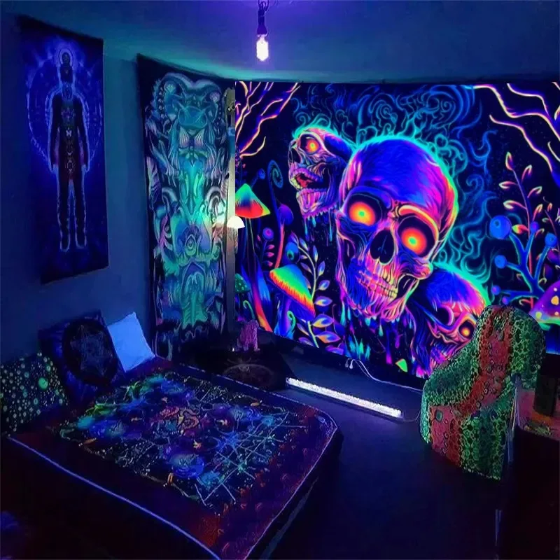 UV-fluoreszierender Wandteppich mit Totenkopf-Blume, braucht UV-Beleuchtung, ästhetische dekorative Wandbehang für Schlafzimmer