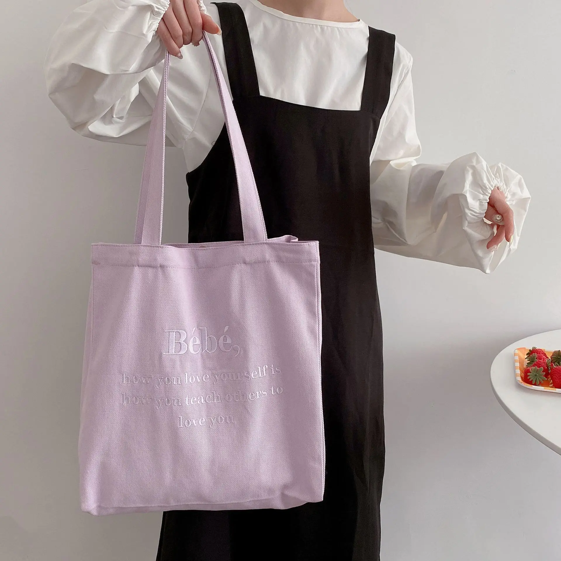 Bebe Canvas Tote Bags - Light Purple, Beige & Blue - Stylish & Durable For Everyday, Beach & Travel - Quality Shopping Bags