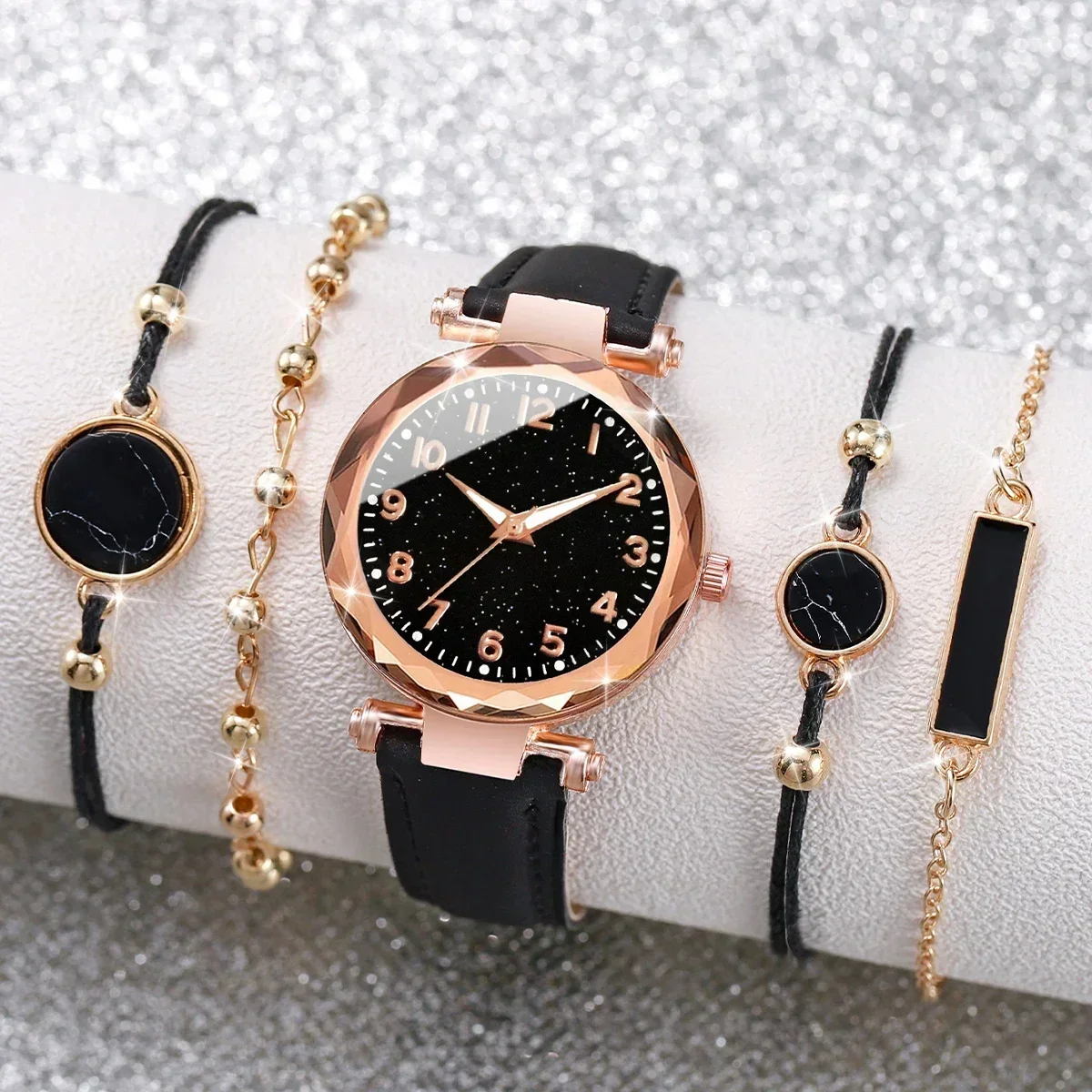 4Pcs Starry Sky Dial Watch Bracelet Set Women Black Leather Quartz Wristwatch Marble Charm Bracelets Jewelry Gift