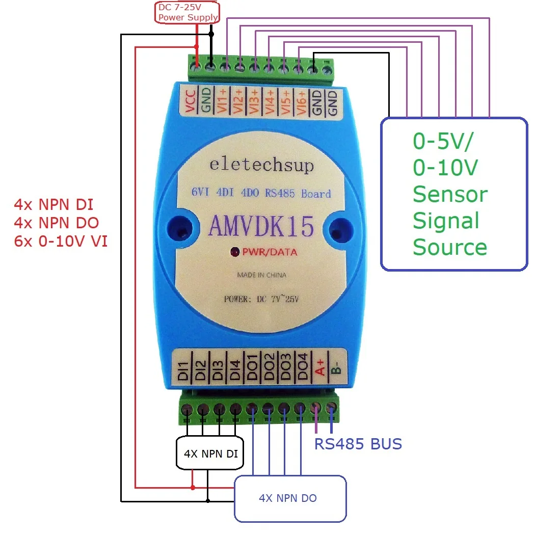 6VI/4DI/4DO 0-10V Input / Digital input and output module / RS485 MODBUS RTU Communication AMVDK15 ELETECHSUP