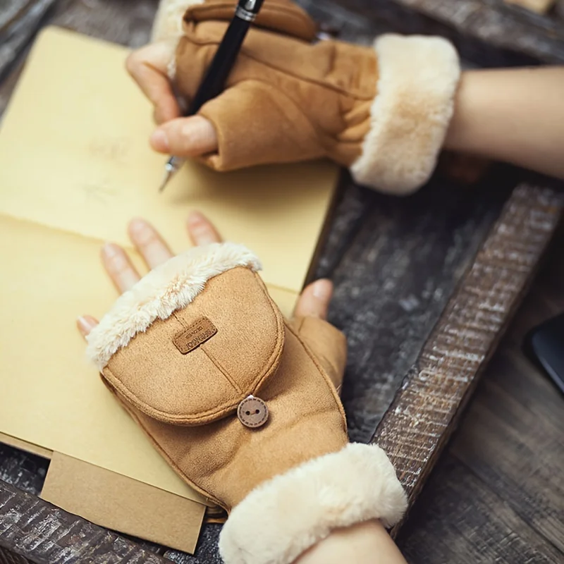 

Женские замшевые перчатки, теплые утолщенные полупальцы, застежка на пуговицы, вязаные женские лыжные перчатки, зимнее спортивное снаряжение.