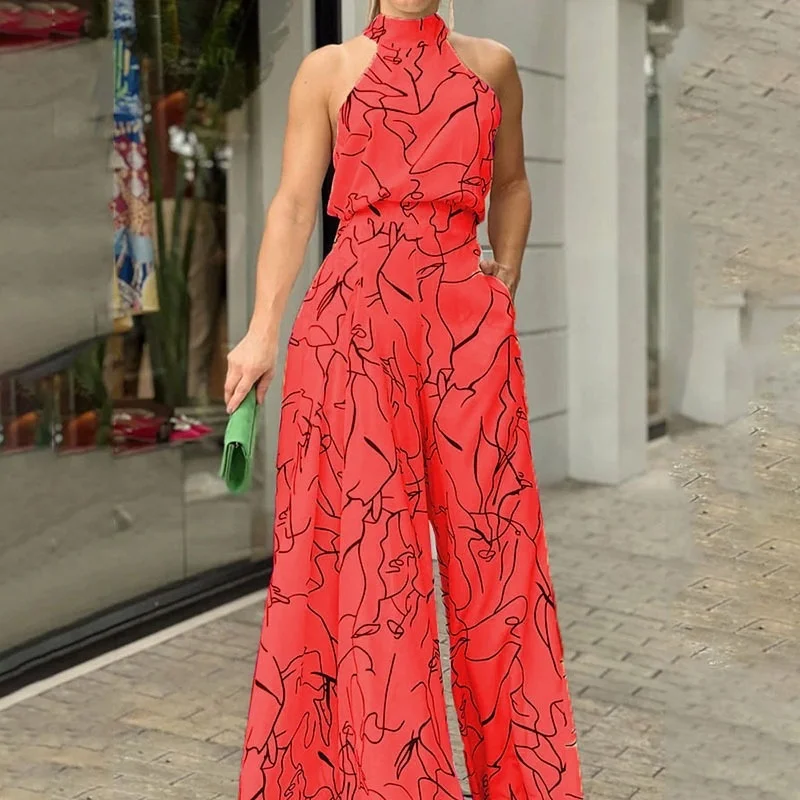 Women's Printed Waist Cinch Sleeveless Maxi Dress Casual Trendy Sexy Long Dress Jumpsuit Skirt High Waist Slim Fit Outfit