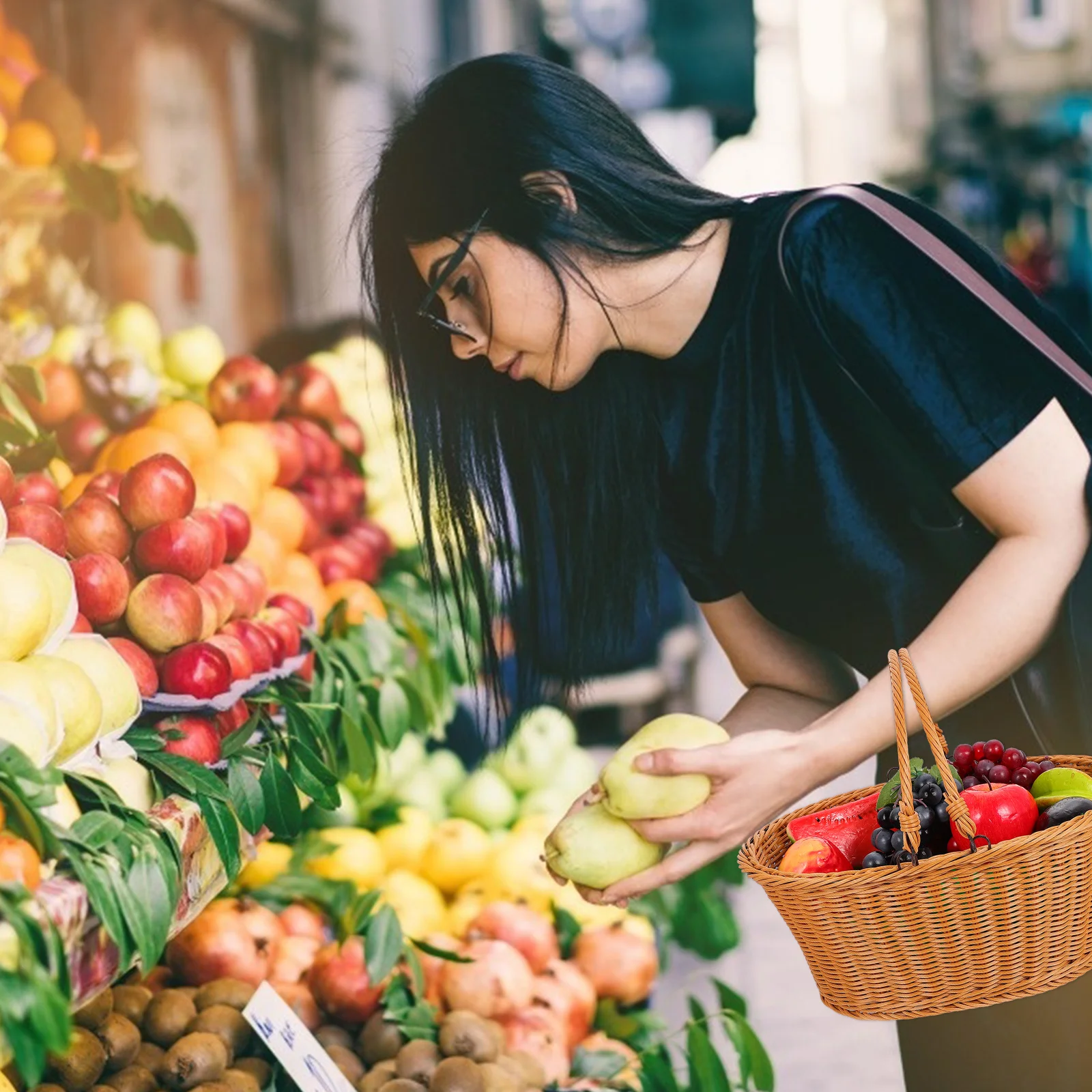 

1pc Plastic Storage Basket Multifunctional Weaving Design For Home Picnic Shopping Fruit Vegetable Holder Portable Tote