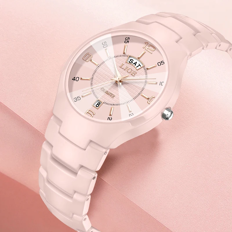 LIGE Elegant Luxury Woman Watch Fashion Auto Date Weeks Ceramic Strap Ladies Clocks Simple Waterproof Quartz Women Watches Reloj