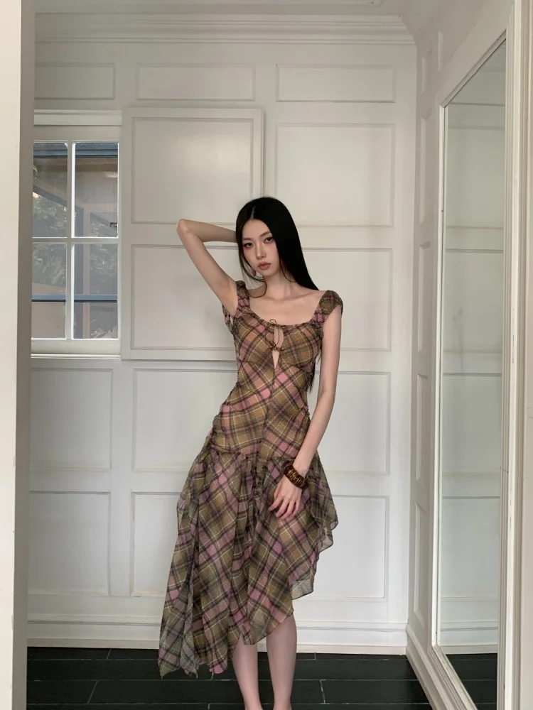Summer Plaid Chiffon Chic Backless Sexy Sling Dress Women Elegant Bandage Casual Dress 2026 Korean Bodycon Luxury Evening Dress