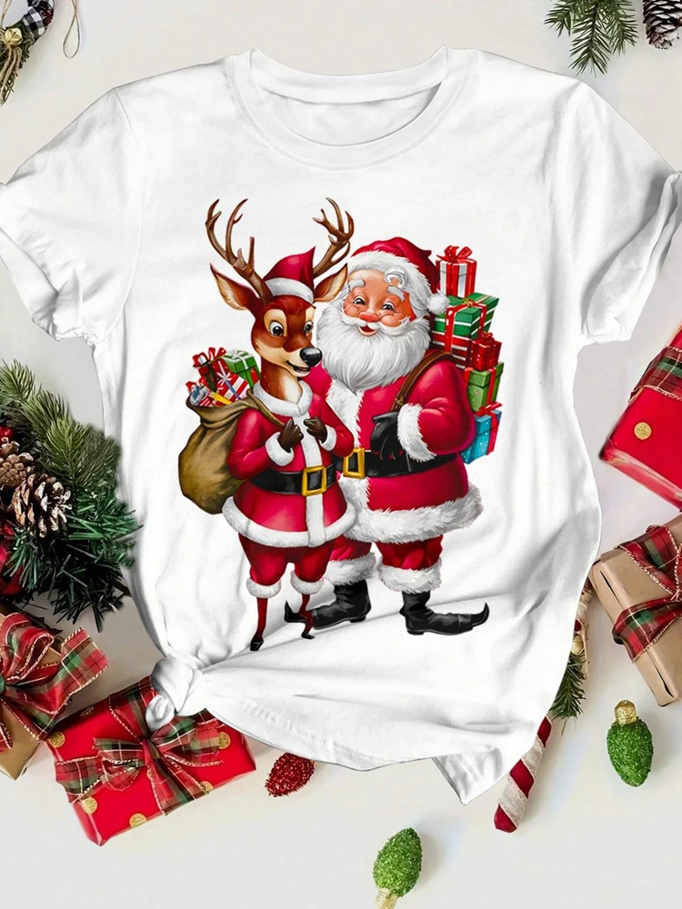 2024 New Merry Christmas Santa Claus Deer Print Women's T-shirt Fashion Short Sleeve T-shirt Harajuku Street Wear Womens T-shirt