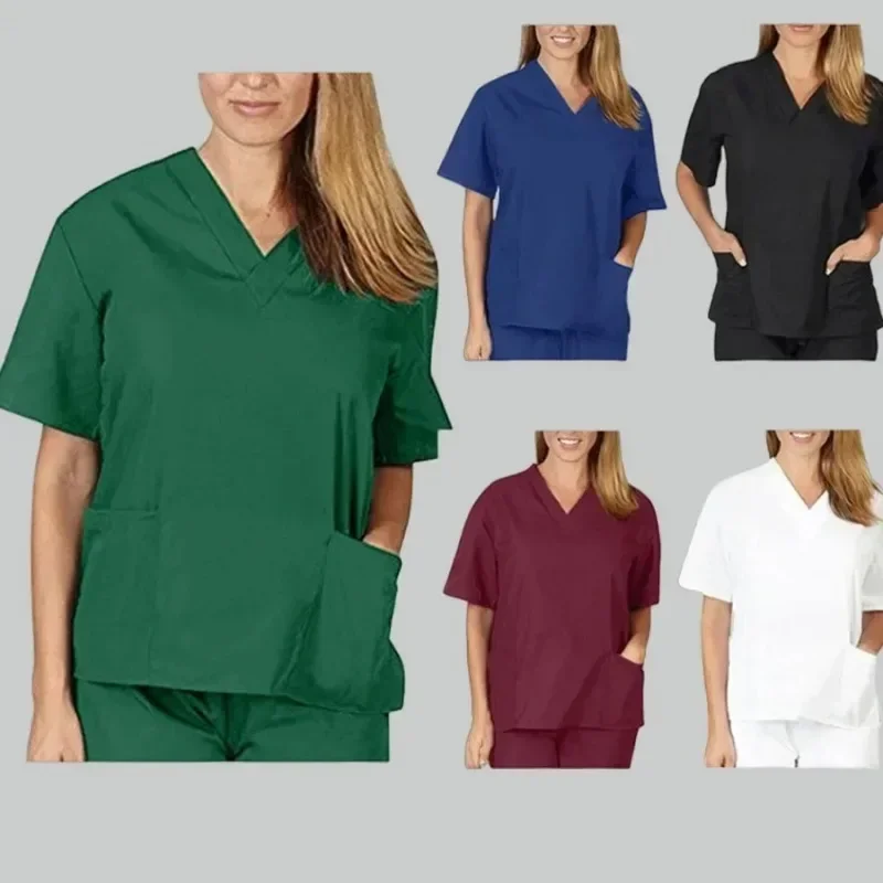 Short Sleeve Solid Nurse Uniform V-Neck Beauty Salon Overalls Clinic Carer Healthcare Tunic Women Patchwork Pocket Scrub Tops