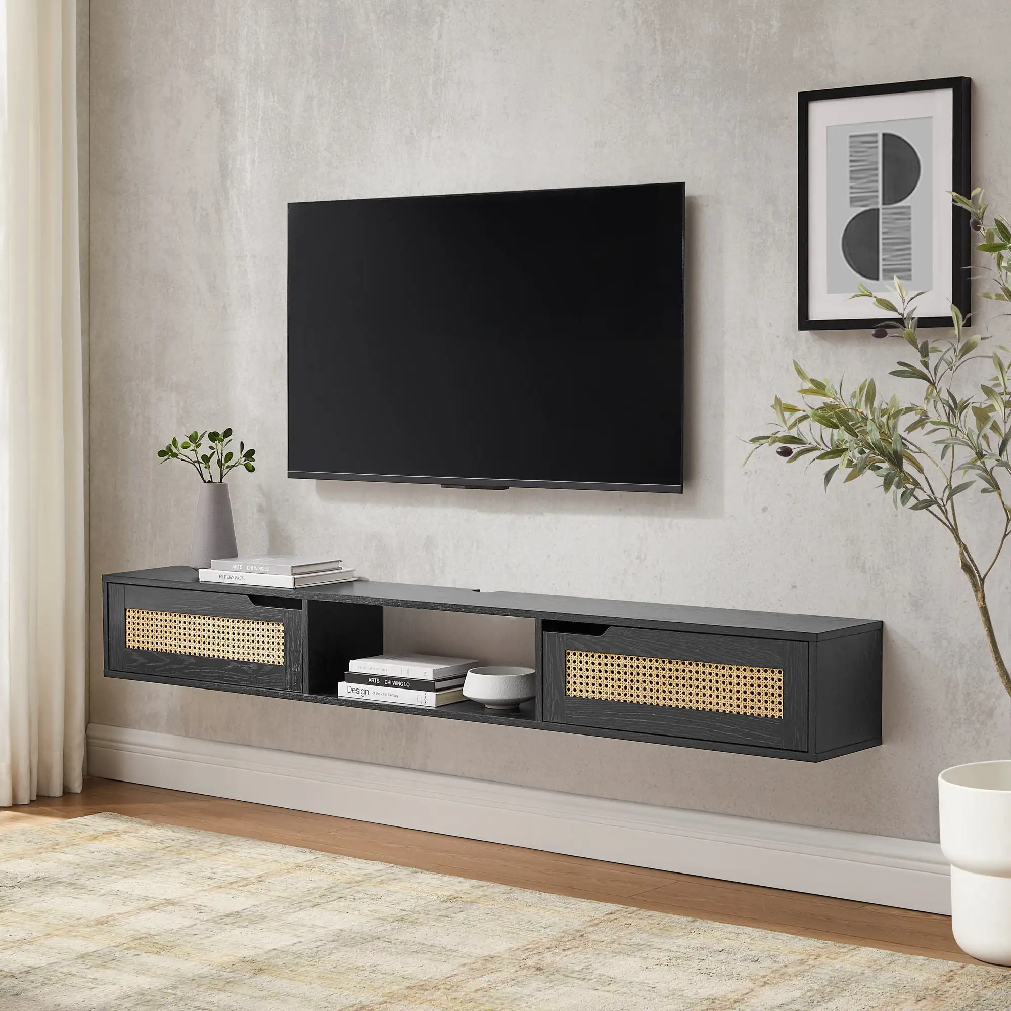 Modern Rattan Door Floating TV Stand for TVs Up To 80