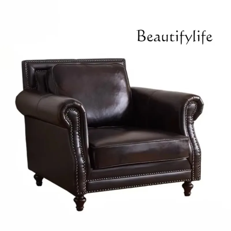 T10 American Retro First-layer Cowhide Leather Sofa Simple And Beautiful Country Style Living Room Rivet Leather Sofa Combinatio