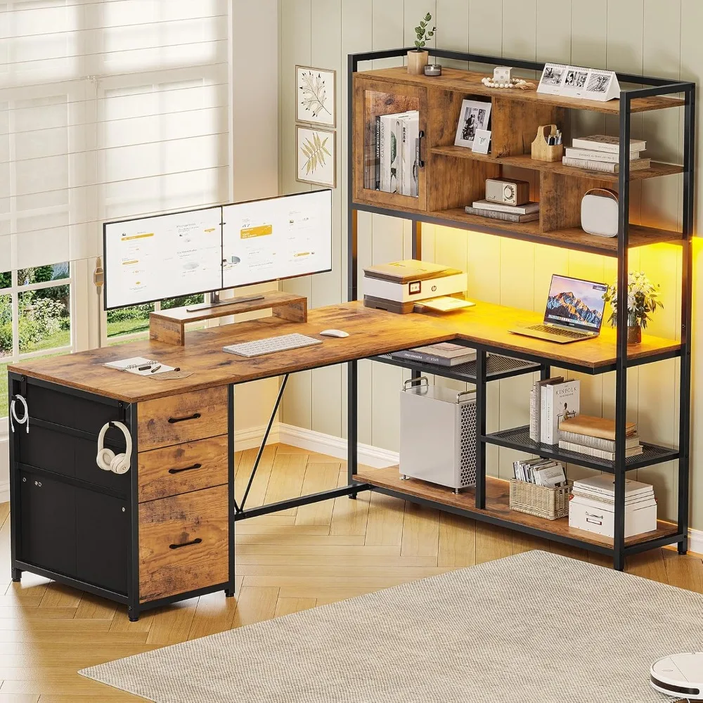 

L Shaped Computer Desk, Office Desk with Drawers and Bookshelf, Corner Desk with Storage Shelves and LED Light for Home Offices