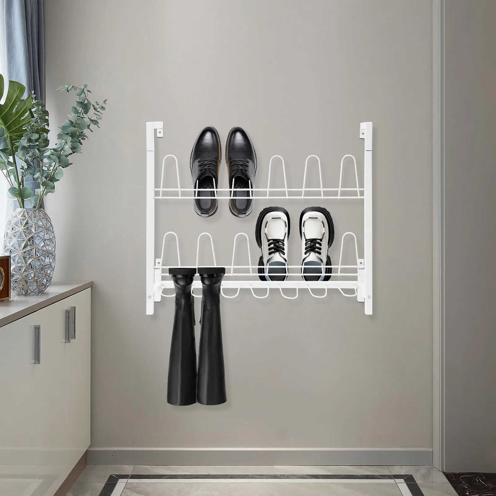 

3 Tier Wall Mounted Shoe Rack, White Metal Wire Boot Rack Hanging Shoe Organizer