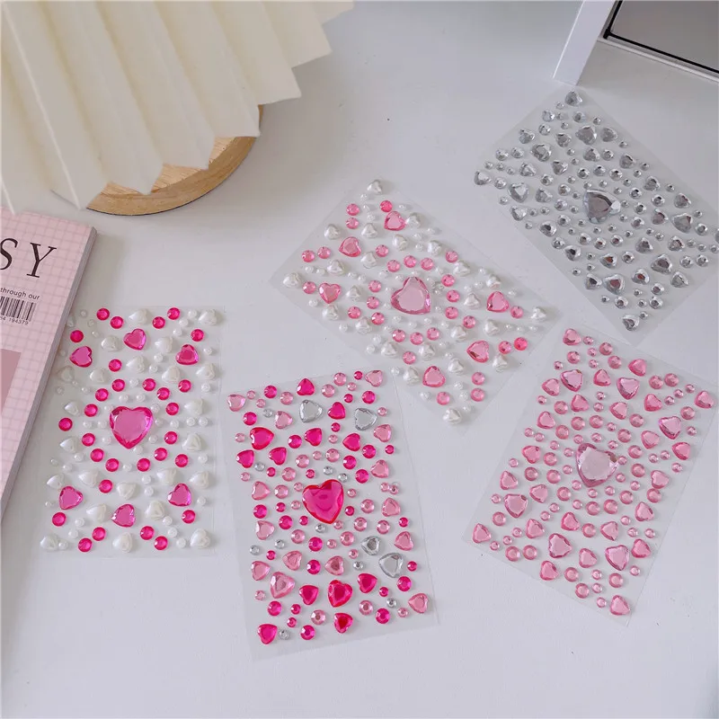 1 Sheet 3D Heart Shape Sticker Acrylic Crystal Children's Stickers Simulation Diamond Pearl Photo Album Decoration Stickers