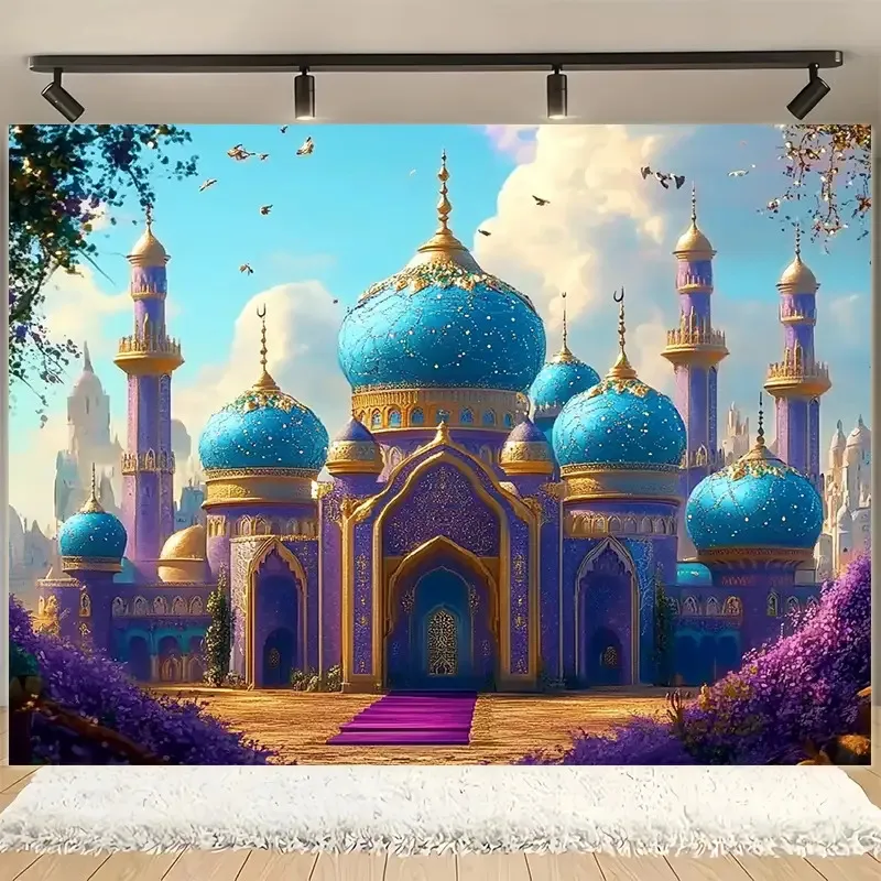 Luxurious Blue Moroccan Arabian Palace Fantasy Tapestry Wall Hanging Decor Mystical Royal Mosque Art Home Decoration Poster Scro