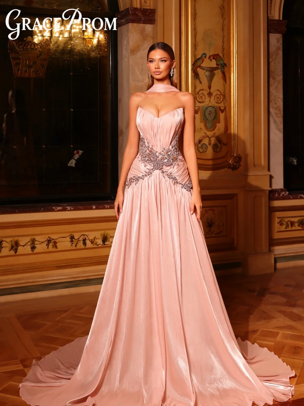 ชุดราตรีผ้าซาตินสีชมพูหรูหรา GraceProm รุ่น 2026 ประดับเพชรระยิบระยับ ทรงเอไลน์ยาวกรอมพื้น สำหรับงานปาร์ตี้