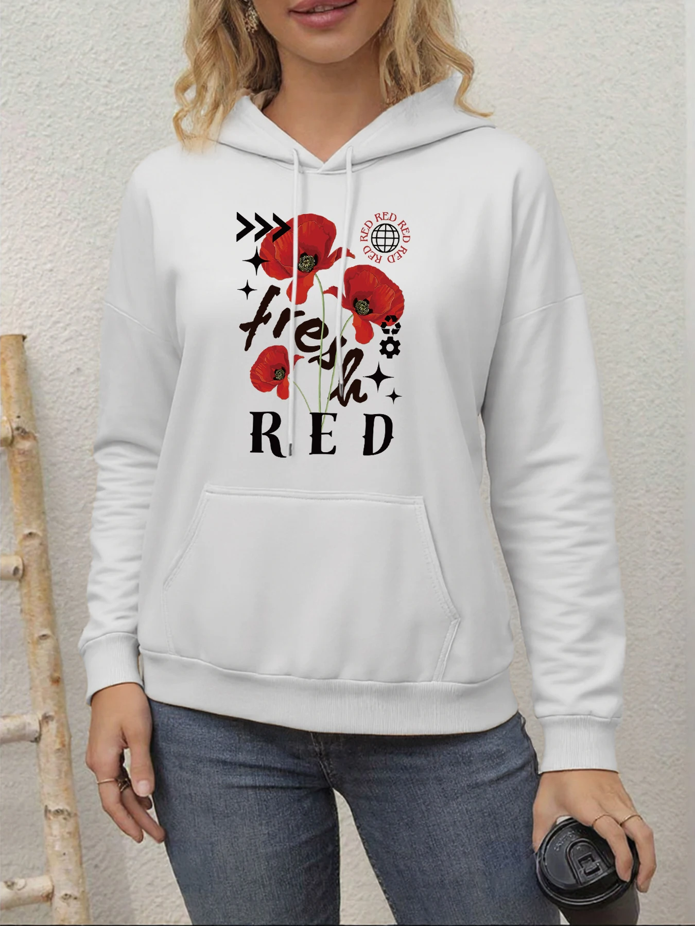 Fresh Red Rose Printing Women Hoodies Crewneck Soft Sportswear Casual Autumn Clothes Fleece All-Match Hoody Loose Warm Hoodie