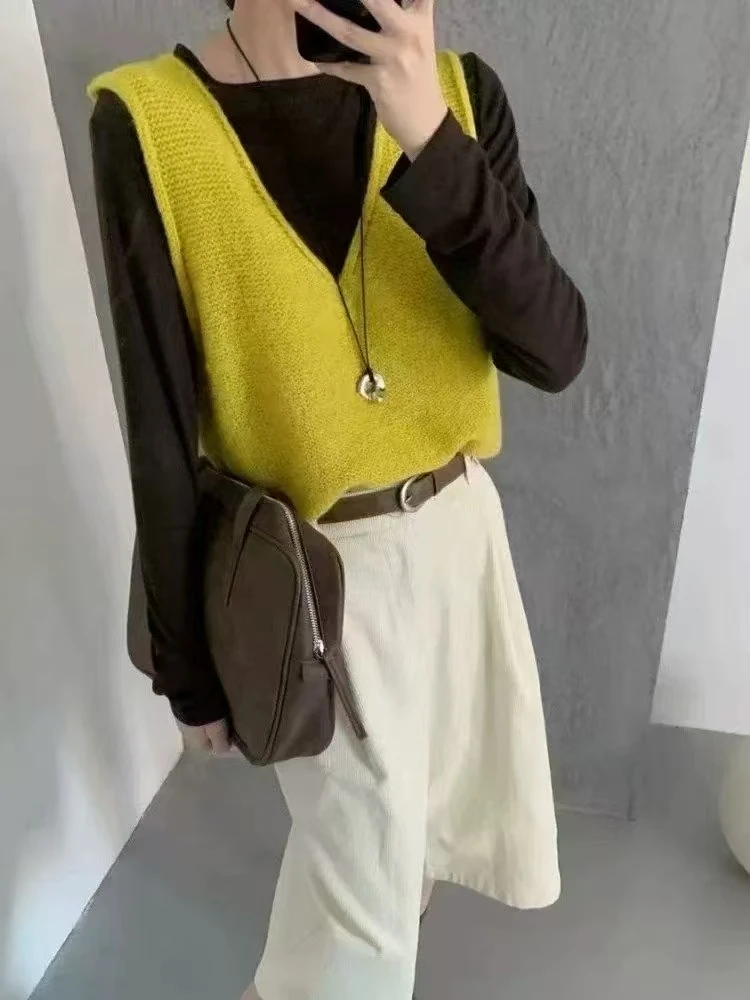 

Новый корейский вязаный жилет Sle V-Ne Svel, футболка из двух предметов, женский модный универсальный осенне-зимний теплый комплект