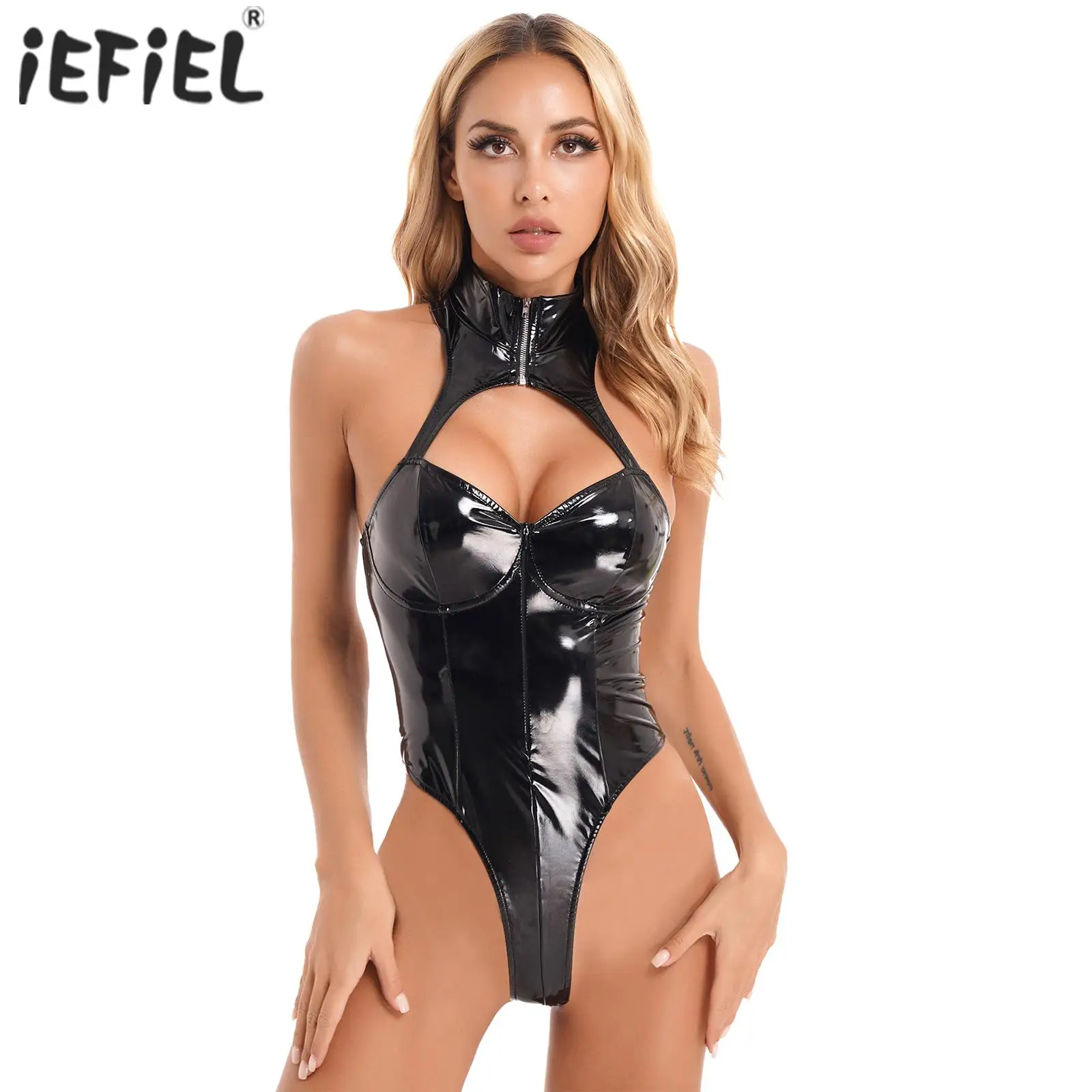 Female Lingerie Zipper Mock Neck Cutout Bodysuit Patent Leather Sleeveless Sexy Women\'s Costume Wet Look Clubwear Rave Outfit