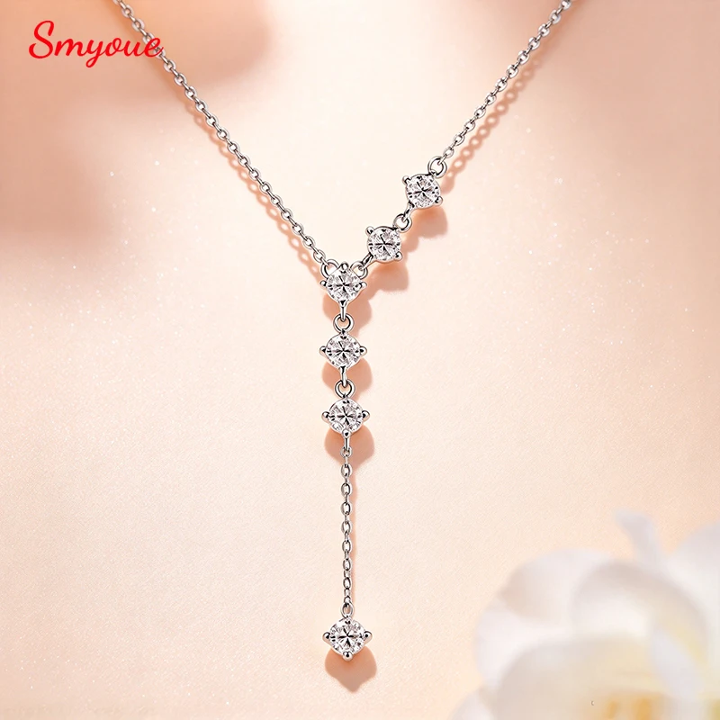 Smyoue 4mm Tassel Y-drop Moissanite Necklace Girls Pendant Round Cut Sparkling Neck Chain 925 Sterling Silver Plated 18K Bulk