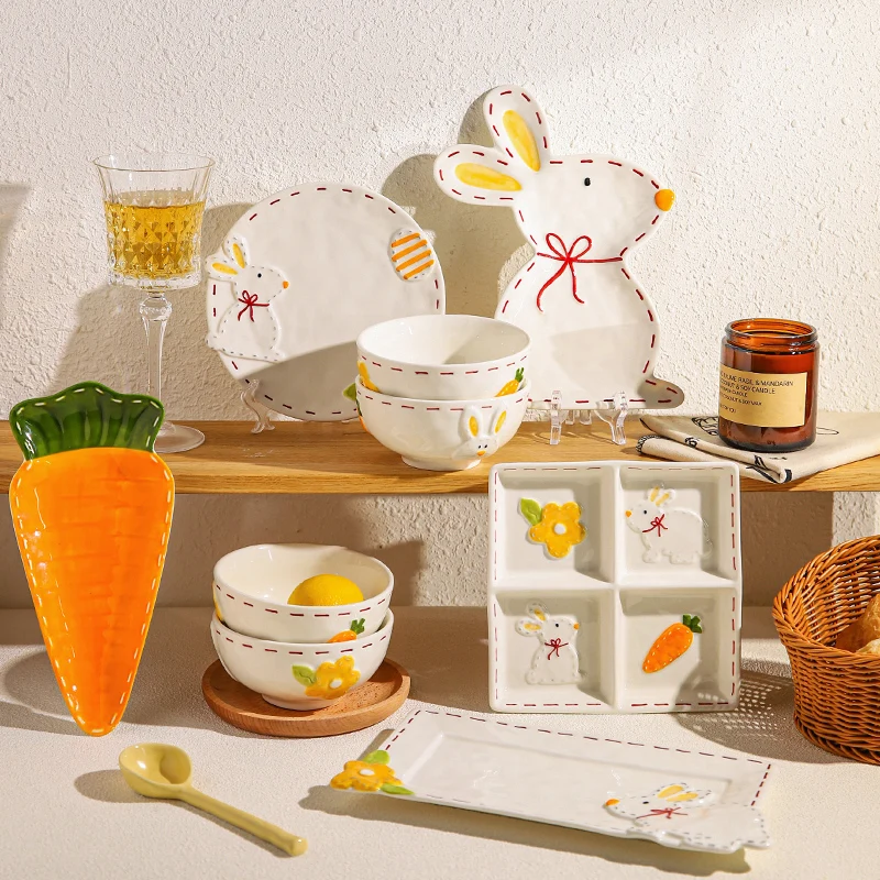 

Embossed Cute Rabbit Hand-painted Ceramic Tableware Set, Creative Plate, High-end Sensory Dish, Rice Bowl