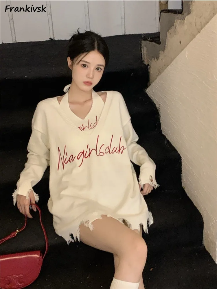 

Sweaters Sets Women Frayed American Style High Street Hotsweet Autumn Winter Knitwear Languid Letter Tanks 2 Piece Tops Stylish