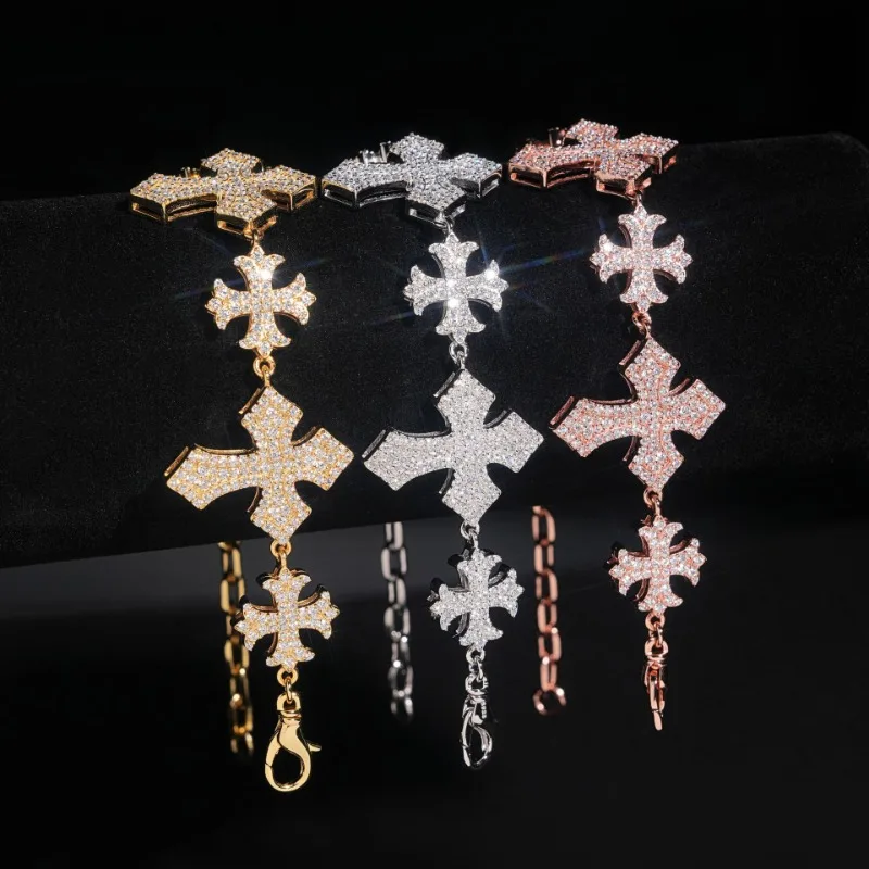 Hiphop Iced Moissanite Cross Link Bracelet 925 Sterling Silver Rapper Jewelry Shine Mosan Diamond Chain Bracelets Rose Gold 8in