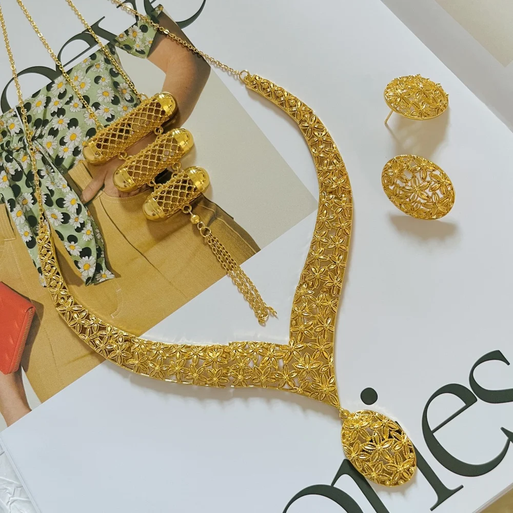 4 قطعة مجموعة مجوهرات النيجيرية مجوهرات الزفاف للنساء دبي 24K الذهب اللون مجوهرات الأفريقية مصمم أقراط قلادة الزفاف