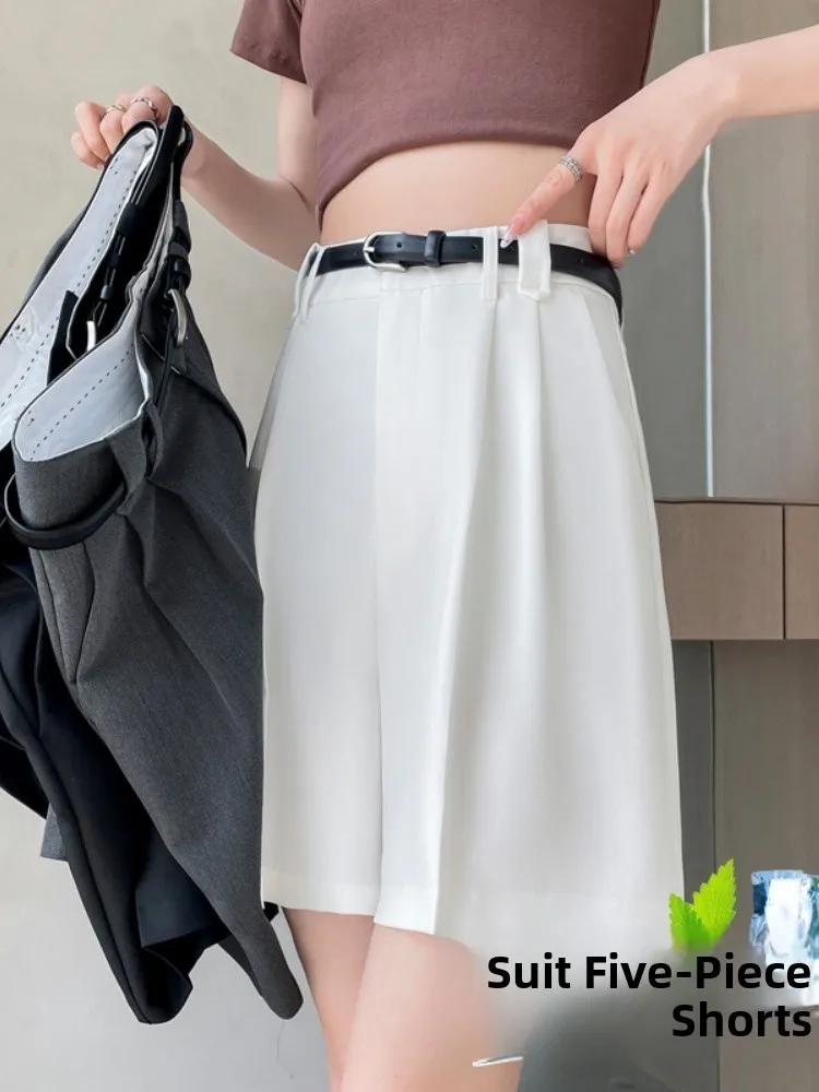 White A-Line Suit Shorts Women's Summer New High Waist Slimming Draping Skirt Pants Ice Silk Thin Five-Quarter Pants