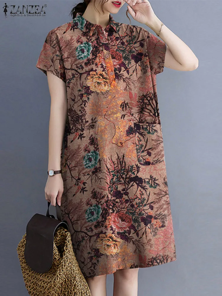 ZANZEA Summer Fashion Cotton Sundress Woman Floral Printed Dress Short Sleeve Lapel Neck Shirtdress Female Elegant Holiday Robe