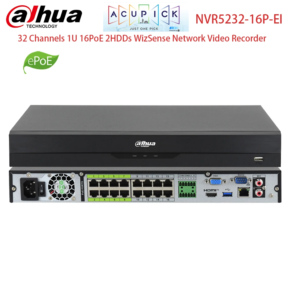

Сетевой видеорегистратор Dahua NVR5232-16P-EI, 32-канальный, 16 портов PoE, 384 Мбит/с, 2 SATA, AcuPick NVR для систем видеонаблюдения